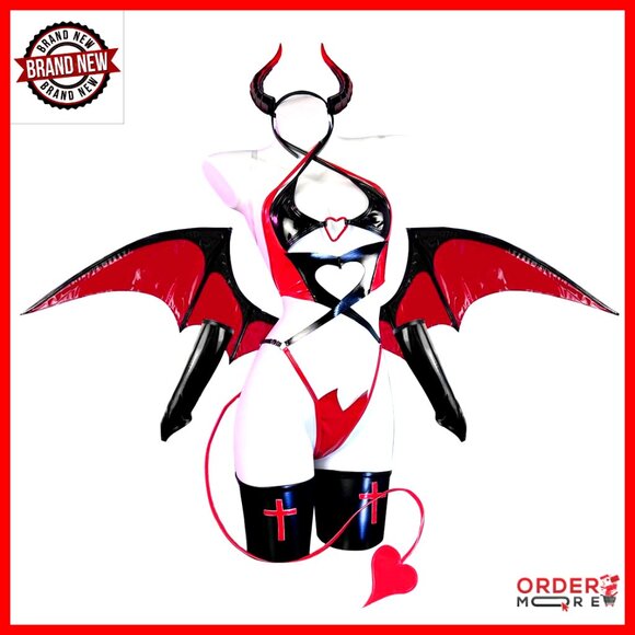 Succubus Cosplay Costume PU Leather Bodysuit with Wings and Tail